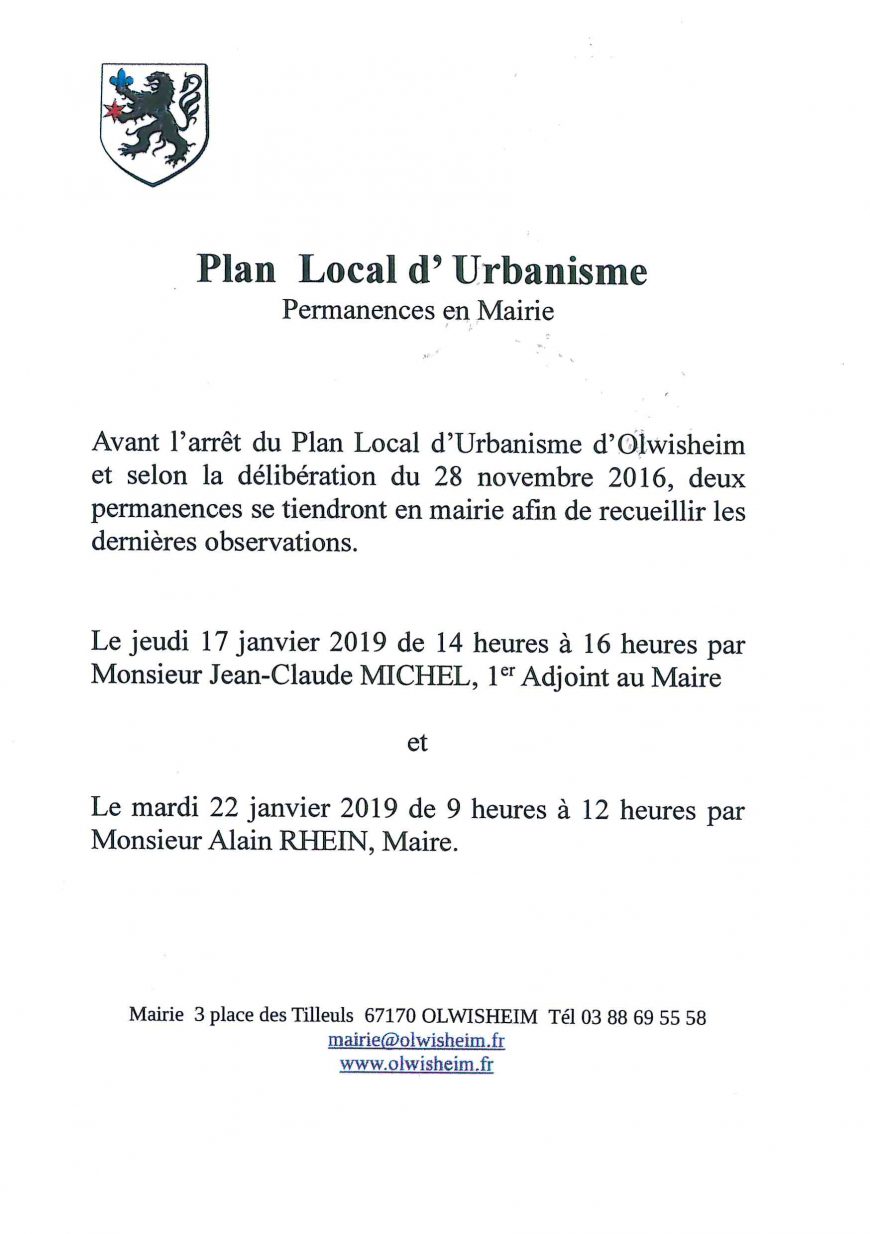 Plan Local d’Urbanisme: Permanences en mairie le jeudi 17 janvier 2019 de 14 h à 16 h et le mardi 22 janvier 2019 de 9 h à 12 h