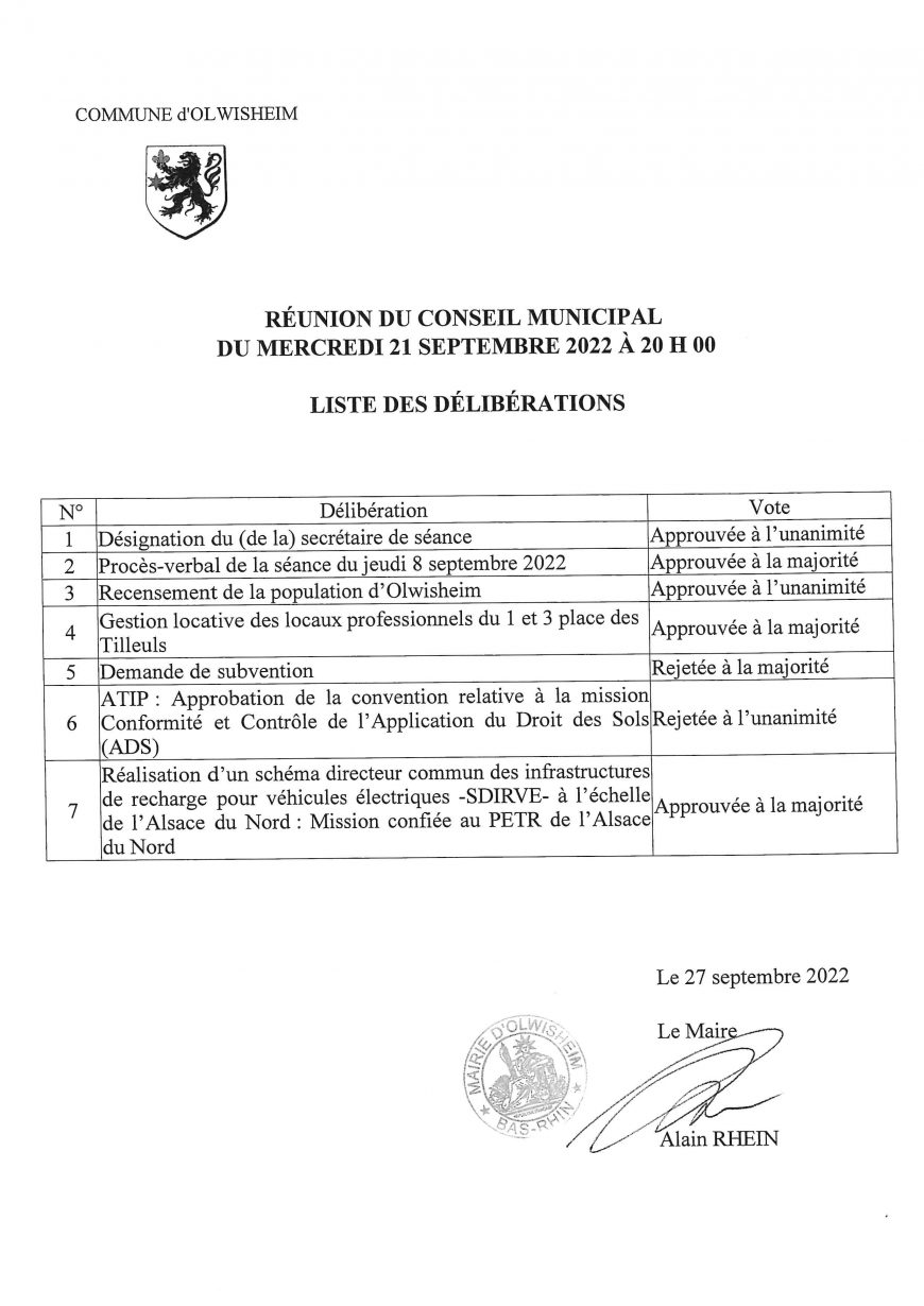 Réunion du Conseil Municipal du mercredi 21 septembre 2022: Liste des délibérations